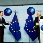 Kosovo's Prime Minister Albin Kurti, left, speaks next to European Union foreign policy chief Josep Borrell during a joint news conference at the EEAS building in Brussels, Thursday, April 29, 2021. (Kenzo Tribouillard, Pool Photo via AP)