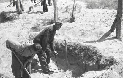 Piet Kuijt, con gorra y apoyado en una pala, trabaja en una exhumación. / NIOD
