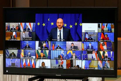 El presidente del Consejo de Europa, Charles Michel, reunido por videoconferencia con los líderes europeos el pasado 25 de marzo.