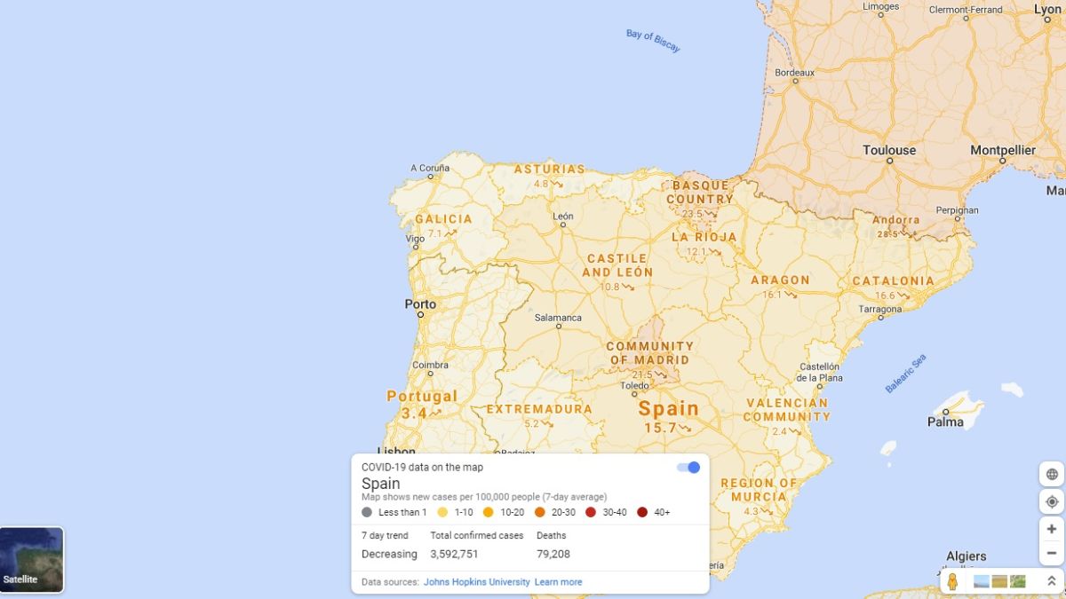 Google Maps nos permite consultar los casos Covid-19 en el mundo