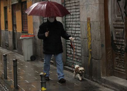 Un hombre pasea a su perro en el madrileño barrio de Malasaña.