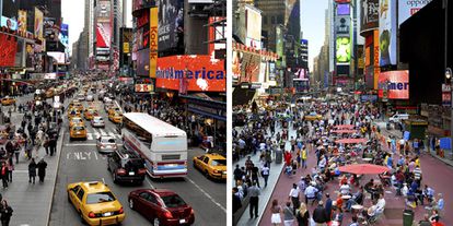Broadway, antes y después de la peatonalización ideada por el urbanista danés Jan Gehl.