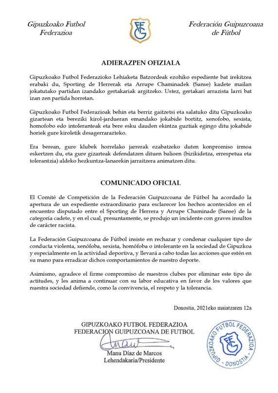 Carta de la Federación Guipuzcoana de Fútbol