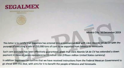 La carta atribuida a Segalmex, describiendo los tratos con Venezuela, de diciembre de 2019.