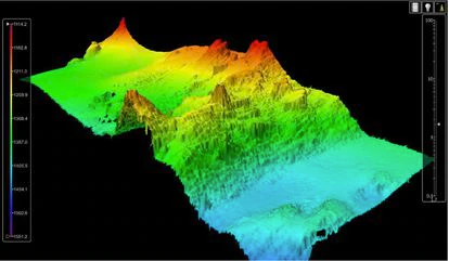 Modelo digital del terreno en 3D, obtenido de los datos obtenidos con la ecosonda multihaz a bordo del 'Ángeles Alvariño'.