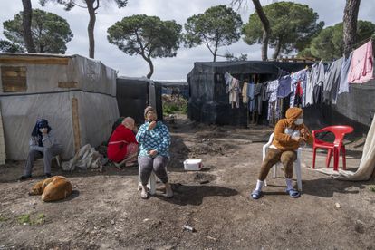 Varias mujeres marroquís en uno de los asentamientos chabolistas de Lucena del Puerto (Huelva).
