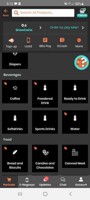 Una captura de pantalla de las categorías de productos en la aplicación GrowSari