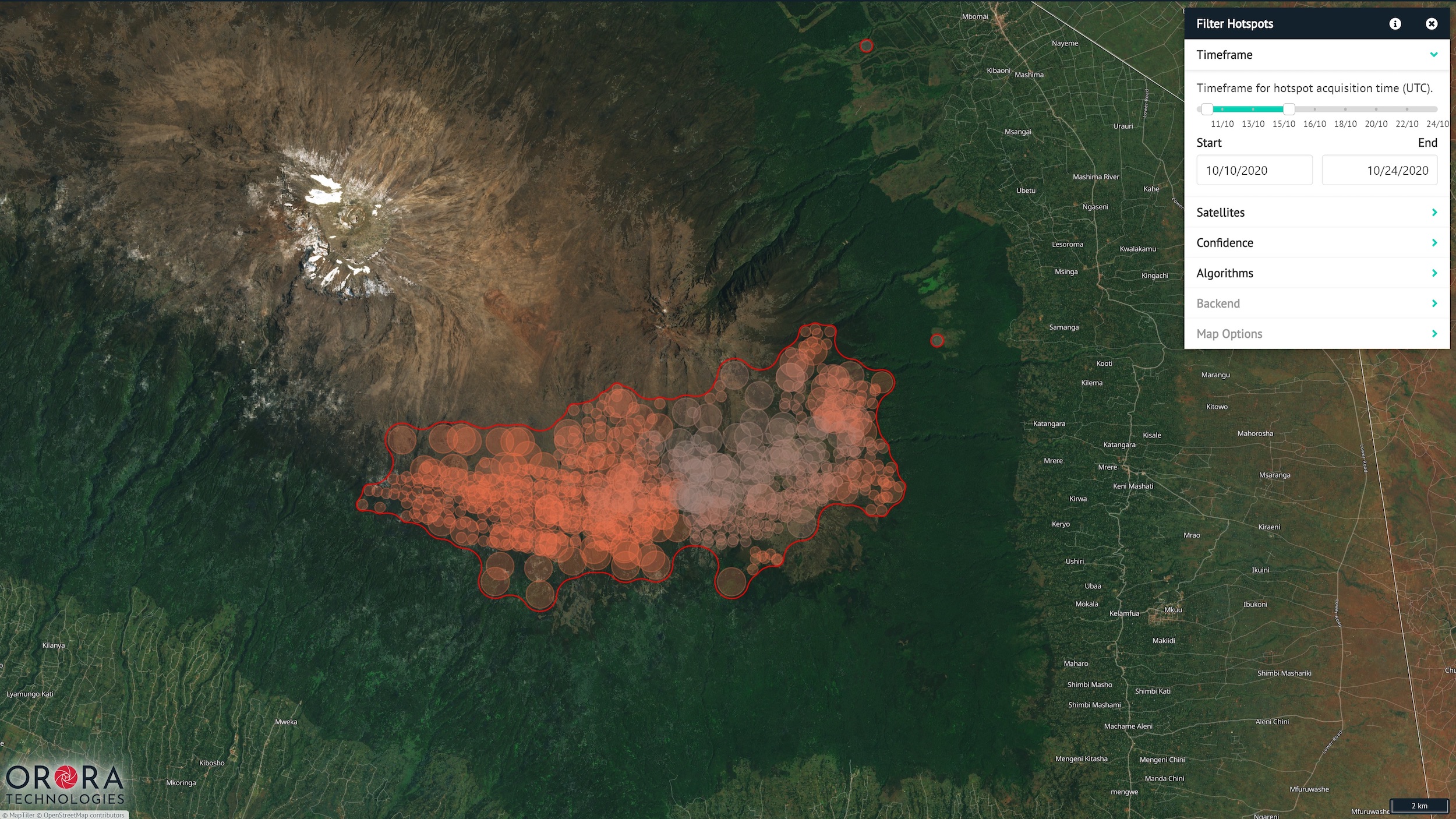 Captura de pantalla del software de monitoreo de incendios forestales OroraTech que muestra la detección de celos en un bosque.