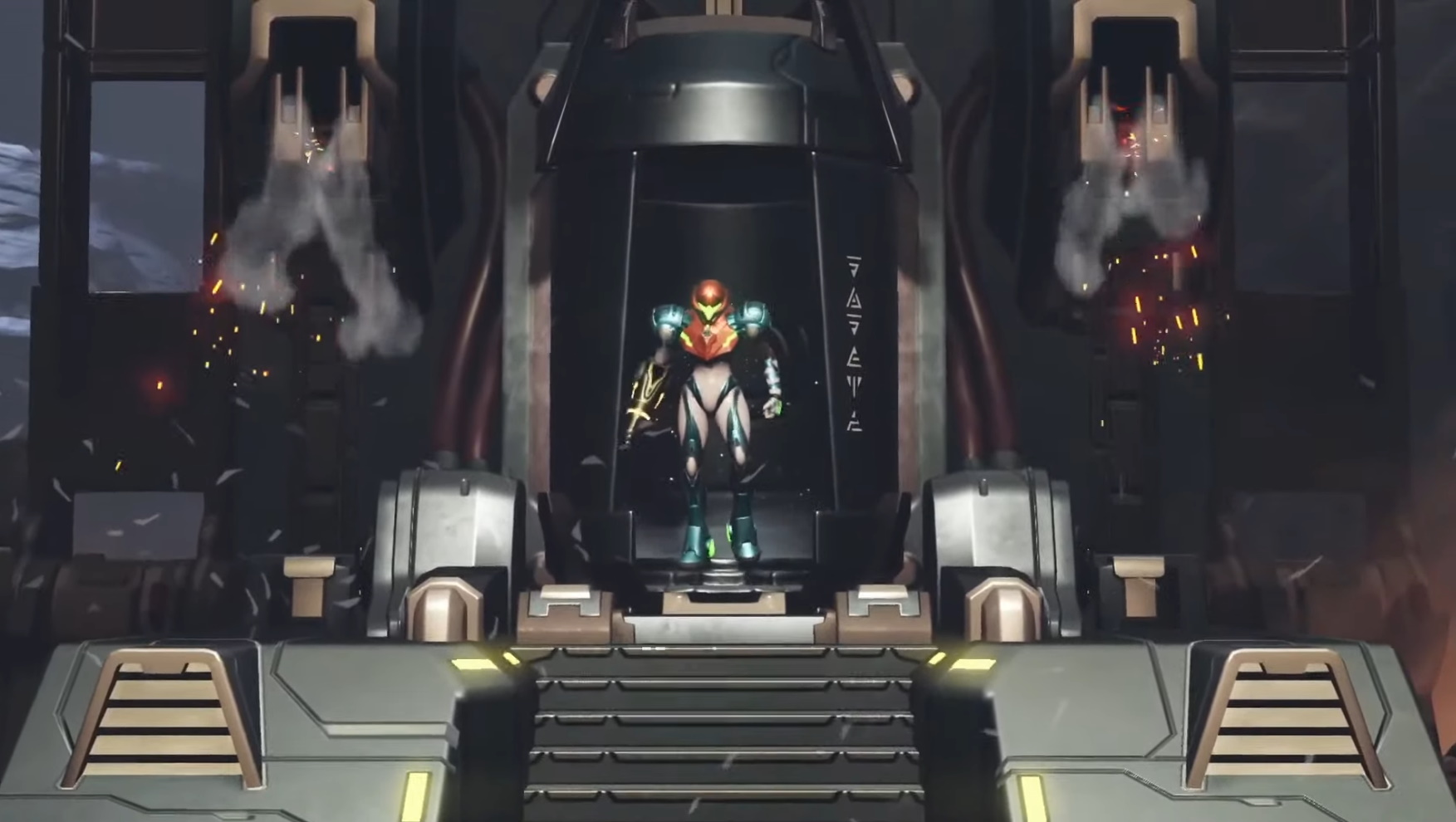 Samus sale de una cámara en una captura de pantalla de Metroid Dread.