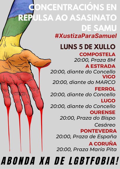 Cartel de las manifestaciones convocadas para el lunes en repulsa de la muerte de Samuel Luiz a causa de una paliza en A Coruña.