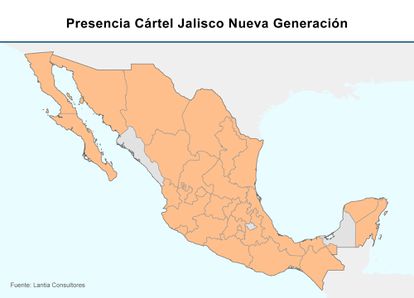 Los Estados marcados en naranja muestran la extensión del territorio controlado por el cartel Jalisco.