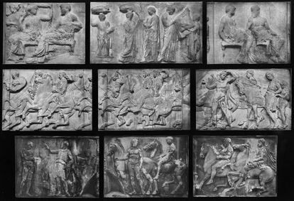 Escultura en relieve del Partenón que muestra peregrinos en las fiestas religiosas de Panateneas.