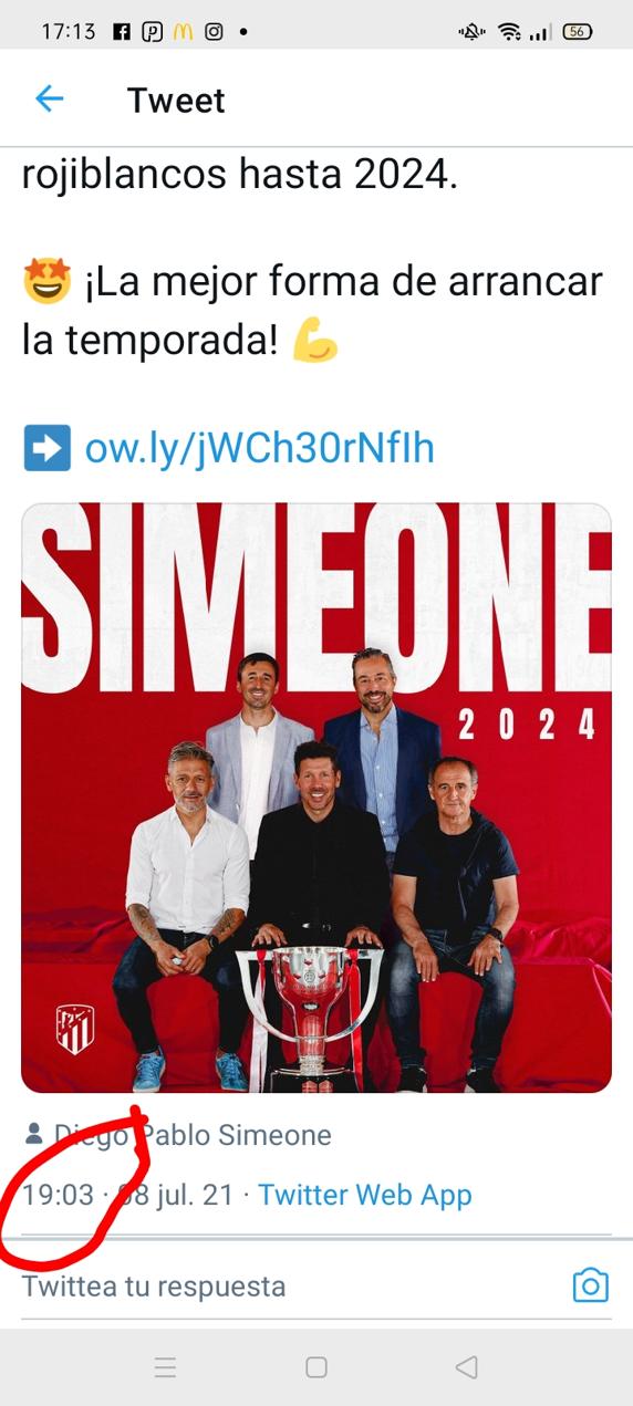 El Atlético anunció la ampliación de contrato de Simeone a las 19.03