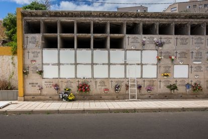 Nichos pintados de blanco para el entierro en el cementerio de Santa Lastenia, en Santa Cruz de Tenerife, de 15 de los 24 migrantes encontrados muertos en un cayuco el pasado 26 de abril.