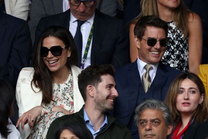 US actor Tom Cruise (R) and English actor Hayley Atwell (L) watch the women's singles final on the twelfth day of the 2021 Wimbledon Championships at The All England Tennis Club in Wimbledon, southwest London, on July 10, 2021. (Photo by Adrian DENNIS / AFP) / RESTRICTED TO EDITORIAL USE