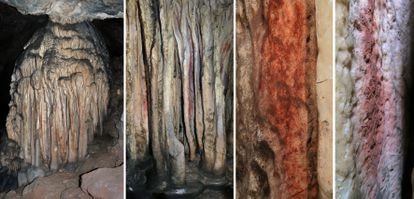 Composición de fotografías que muestra en progresivo detalle trazos de pintura en una estalagmita de la cueva de Ardales.