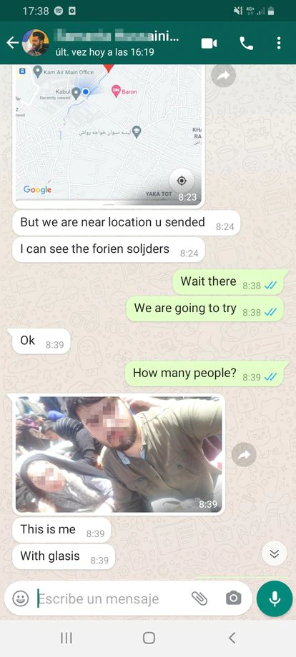 Mensaje de WhastApp intercambiado durante el rescate de las familias afganas. 