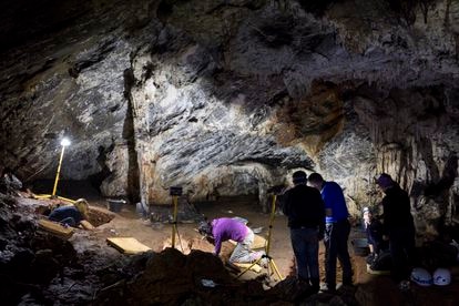 Un grupo de investigadores trabaja en el interior de la cueva de Ardales en septiembre de 2016. 