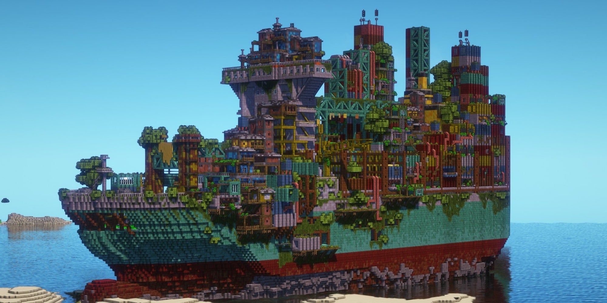 Impresionante construcción de Minecraft convierte un buque portacontenedores en un asentamiento