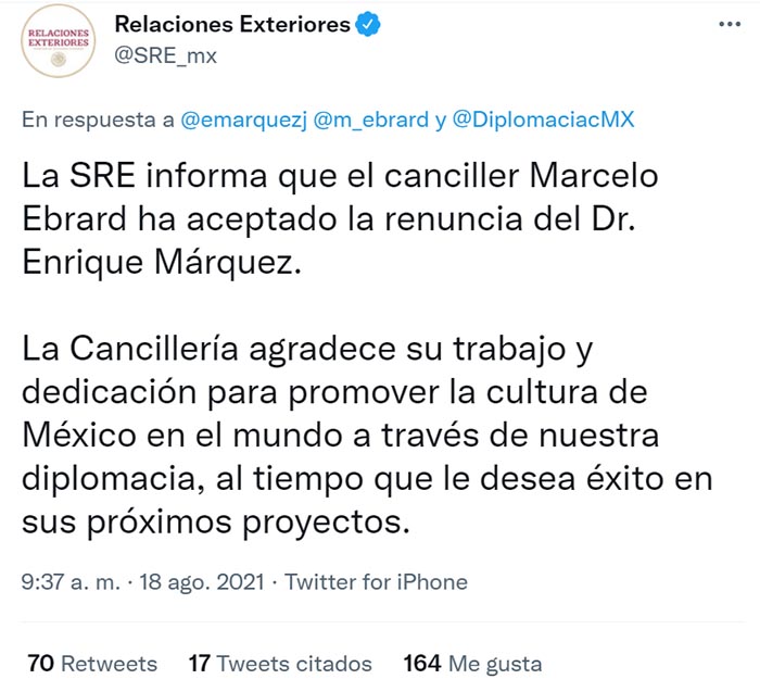 Tras su renuncia a SRE, Enrique Márquez sale ‘en defensa de Brenda Lozano’