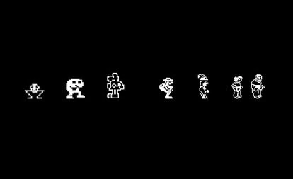 Logo de 'Press Start', compuesto por los avatares de los videjuegos españoles 'La pulga', 'Profanation', 'Sir Fred', 'Livingston Supongo', 'Las tres luces de Glaurung' y 'La Abadía del Crimen'