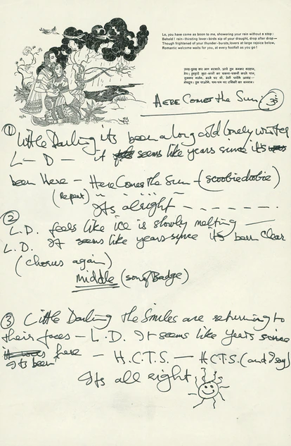 La letra, escrita a mano por Harrison y con sus dibujos, de 'Here Comes The Sun'. 