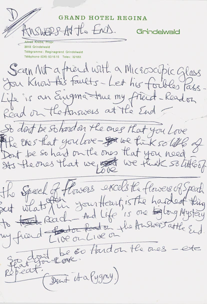 La letra de 'The Answer's At The End', escrita en una cuartilla con el membrete del Grand Hotel Regina, en Suiza. 