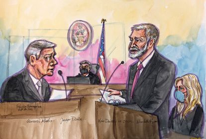 Dibujo del testimonio del exsecretario de Defensa, Jim Mattis, en el juicio contra Holmes.