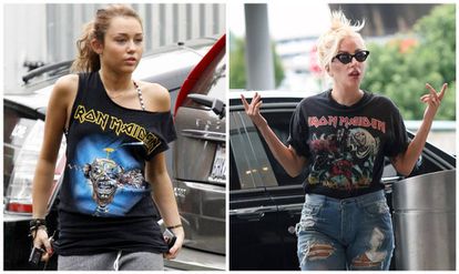 Miley Cyrus y Lady Gaga con sus camisetas de Iron Maiden.