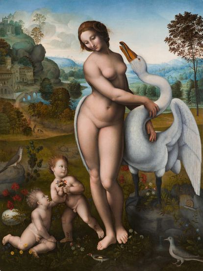  'Leda con el cisne', temple sobre tabla realizado a partir de Leonardo da Vinci (1510-20).