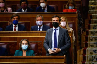 El líder del PP, Pablo Casado, este miércoles en el Congreso de los Diputados en Madrid.