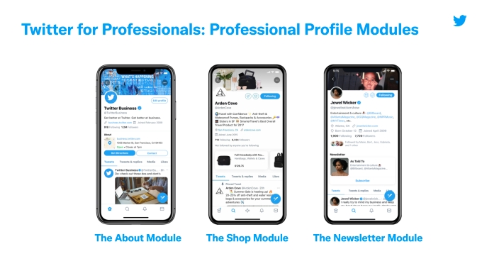 Las cuentas de Twitter profesionales pueden agregar módulos para compras, su boletín de noticias o más información sobre su negocio.