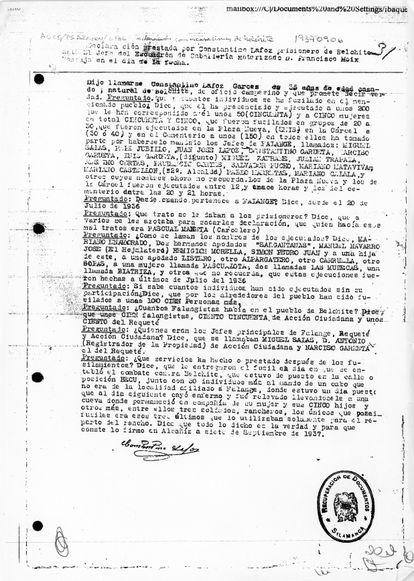 Declaración de Constantino Lafoz Garcés, tras ser detenido en Belchite.