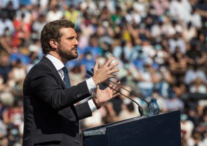 El presidente del PP, Pablo Casado, en el acto de clausura de la Convención Nacional del PP, en la Plaza de Toros de Valencia.