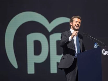 Pablo Casado, durante su discurso de clausura en la convención nacional del PP, este domingo en Valencia. 