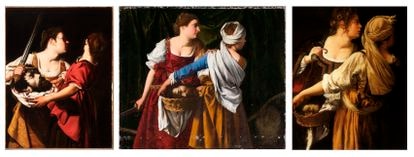 De izquierda a derecha: 'Judit y su sirvienta con la cabeza de Holofernes' (c. 1605-1612), de Orazio Gentileschi; otra versión de Orazio Gentileschi de 'Judit y su sirvienta con la cabeza de Holofernes' (1608-1609), en el Museo de Oslo. Y una de las obras de Artemisia Gentileschi con la misma temática (1618-1619), en el Palacio Pitti. 