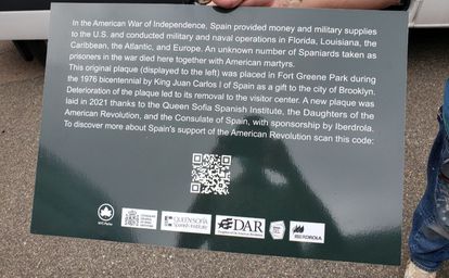 Placa que se repondrá el día 2 de octubre en Nueva York en memoria de los 200 españoles fallecidos en los barcos-prisión.
