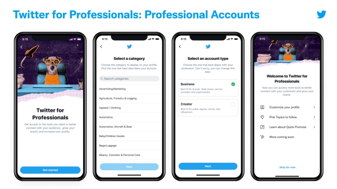 Imagen de flujo de cuenta de Twitter para profesionales de Twitter.  La imagen muestra cómo puedes seleccionar una categoría de tu perfil, elegir si eres una empresa o un creador y crear tu cuenta profesional.