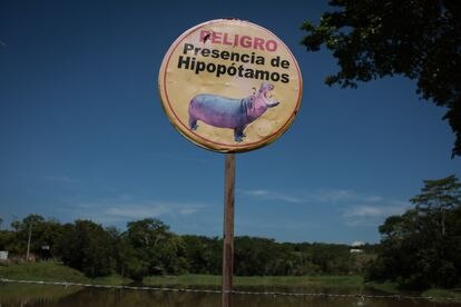 Una señal de advertencia por la presencia de hipopótamos cerca de Hacienda Nápoles en Doradal (Colombia).