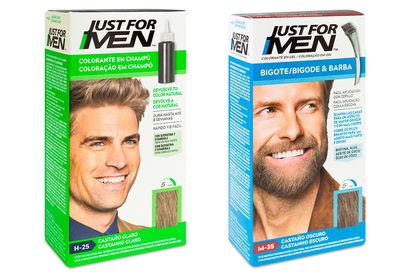 De izquierda a derecha: champú decolorante Just for Men y colorante Just for Men para bigote y barba. 