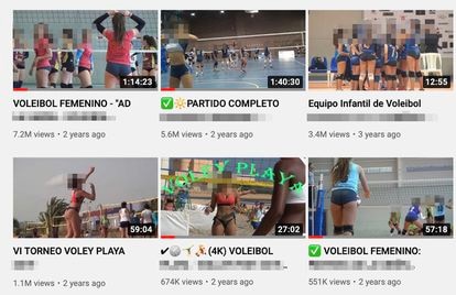 Las miniaturas automáticas escogidas por YouTube en este canal con vídeos de categorías inferiores de voleibol muestra cómo el algoritmo entiende el interés de la audiencia.