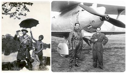 Un explorador profusamente pertrechado junto a un niño jíbaro y los pilotos Ignacio Jiménez Martín y Francisco Iglesias Brage (a la derecha) delante del ‘Jesús del Gran Poder’. 