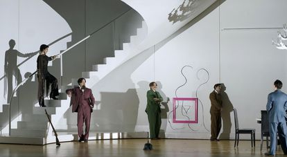 Brenda Rae, Nikolay Borchev (Ormonte), Teresa Iervolino, Anthony Roth Costanzo y Iestyn Davies, en un ensayo de 'Parténope' en el Teatro Real de Madrid.