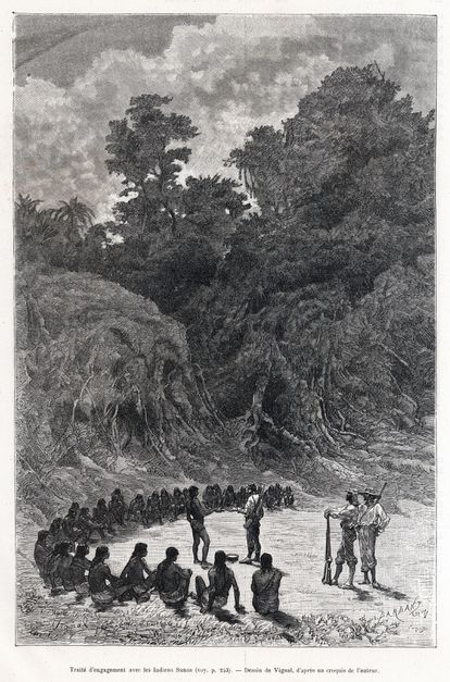 Tratado de compromiso con los indios sunos de Perú ilustrado por Charles Wiener, incluido en el libro 'La vuelta al mundo'. (1883)