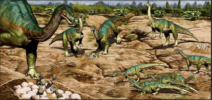 Los sauropodomorfos vivían en comunidad y cuidaban de los huevos entre todos. Ilustración: Jorge González.