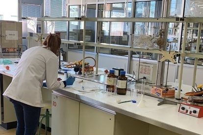 Alumna española del máster en Nutrición, Obesidad y Técnicas Culinarias de UNIR, durante sus prácticas en un laboratorio.