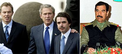 Tony Blair, George W. Bush y José María Aznar, antes de la reunión en marzo de 2003 en las islas Azores en la que se decidió el comienzo de la guerra en Irak. A la derecha, Sadam Husein.