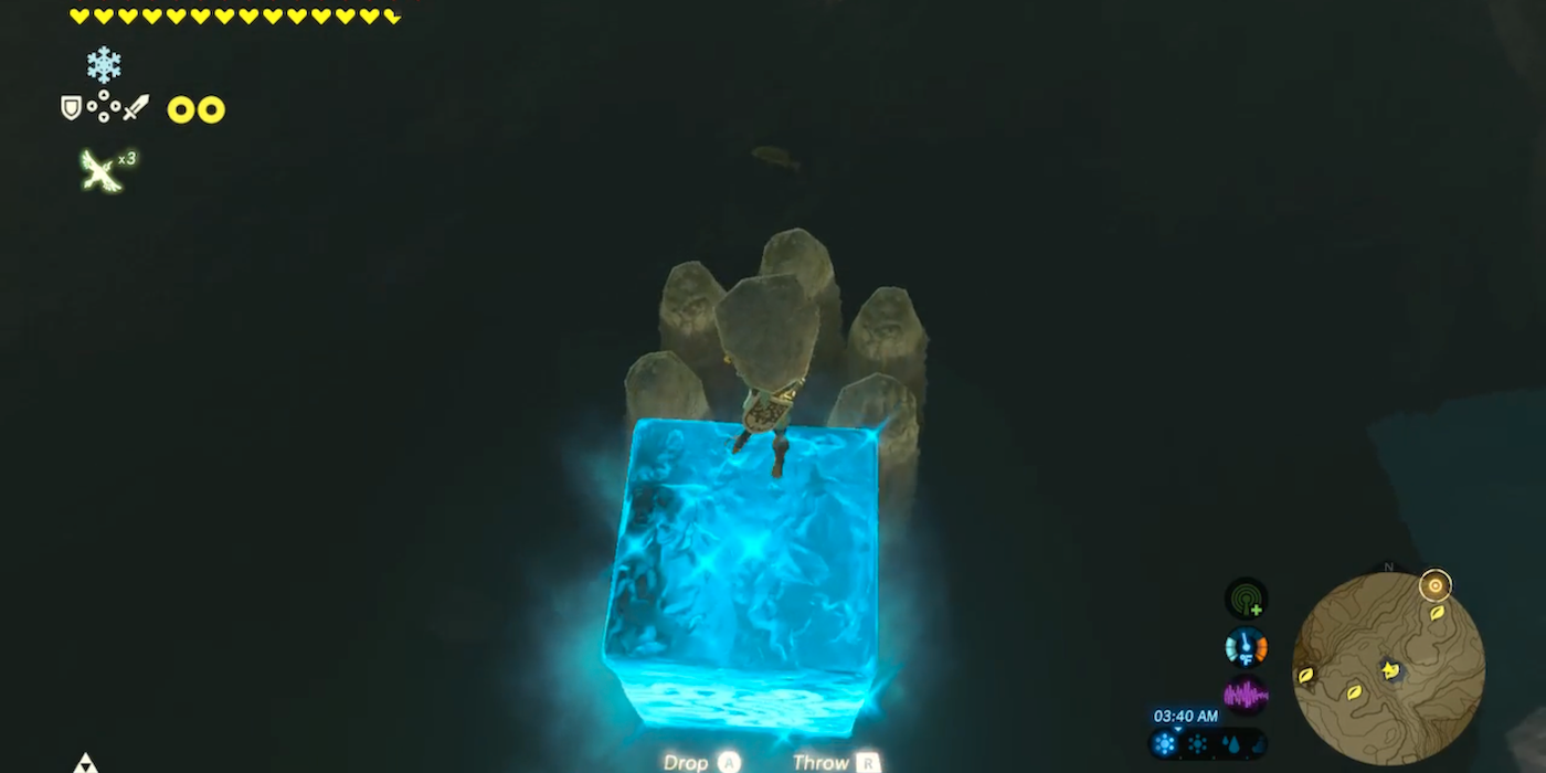 El jugador de Breath of the Wild clava una roca Korok con una solución de rompecabezas inteligente