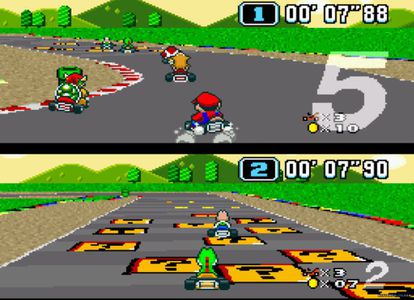 Una imagen del primer Mario kart, la versión de 1992 de Super Nintendo, que conseguía dar una gran sensación de velocidad gracias al Modo 7, una técnica gráfica de aquella consola.