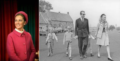 A la derecha, Paola de Bélgica en los años sesenta. A la izquierda, la entonces princesa con su marido y sus tres hijos, Astrid, Felipe y Lorenzo, en una granja en el campo en junio de 1967.